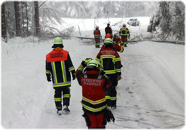 Feuerwehrleute auf schneebedeckter Straße mit umgestürztem Baum